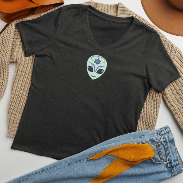 Women’s relaxed v-neck t-shirt - WE COME IN PEACE - FEMALE FACE - Image 4