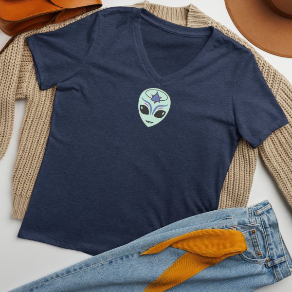 Women’s relaxed v-neck t-shirt - WE COME IN PEACE - FEMALE FACE - Image 3