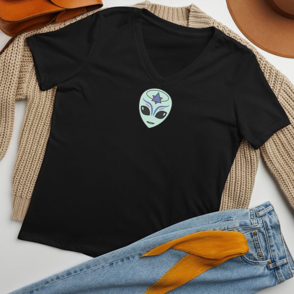 Women’s relaxed v-neck t-shirt - WE COME IN PEACE - FEMALE FACE - Image 2