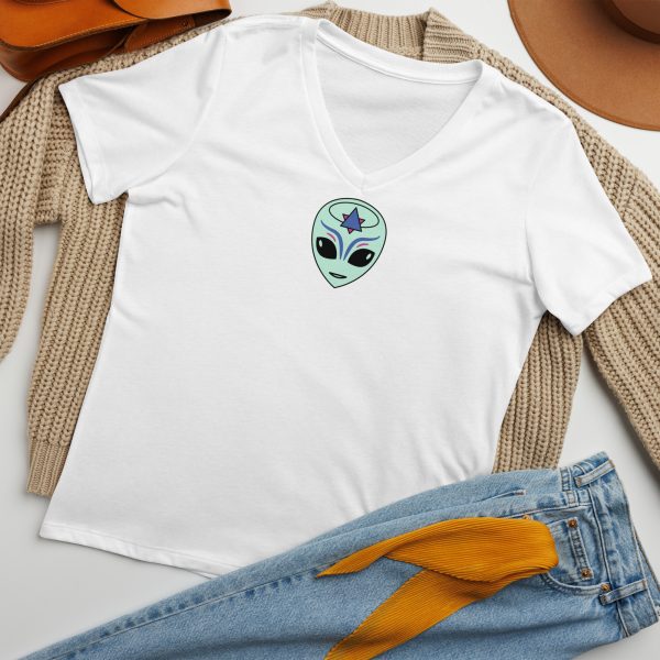 Women’s relaxed v-neck t-shirt - WE COME IN PEACE - FEMALE FACE